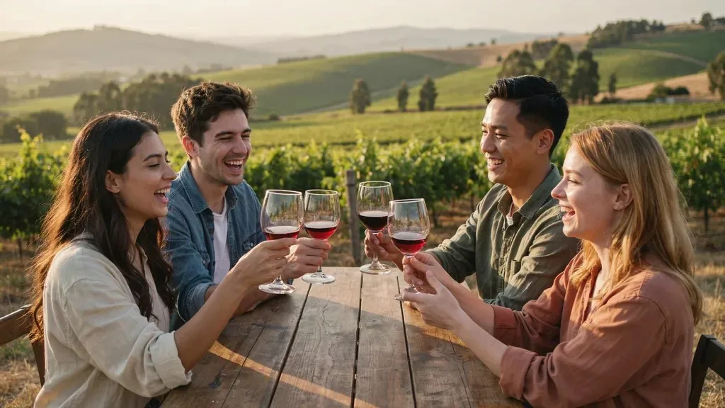 Amigos brindando con vino tinto en un viñedo